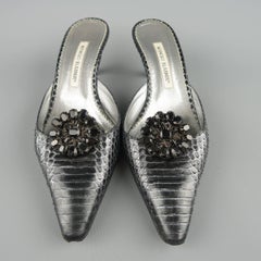 Manolo Blahnik Grey Snake Skin Kitten Rhinestone Heel Mules