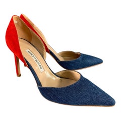 MANOLO BLAHNIK Size 9.5 Blue Red Suede Two Tone Suede Pointed Toe Pumps
