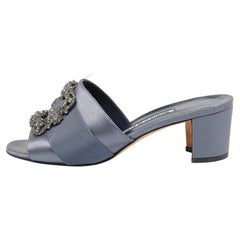 Manolo Blahnik Slate Grey Satin Embellished Martanew Slide Sandals Size 37