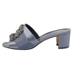 Manolo Blahnik Slate Grey Satin Embellished Martanew Slide Sandals Size 37