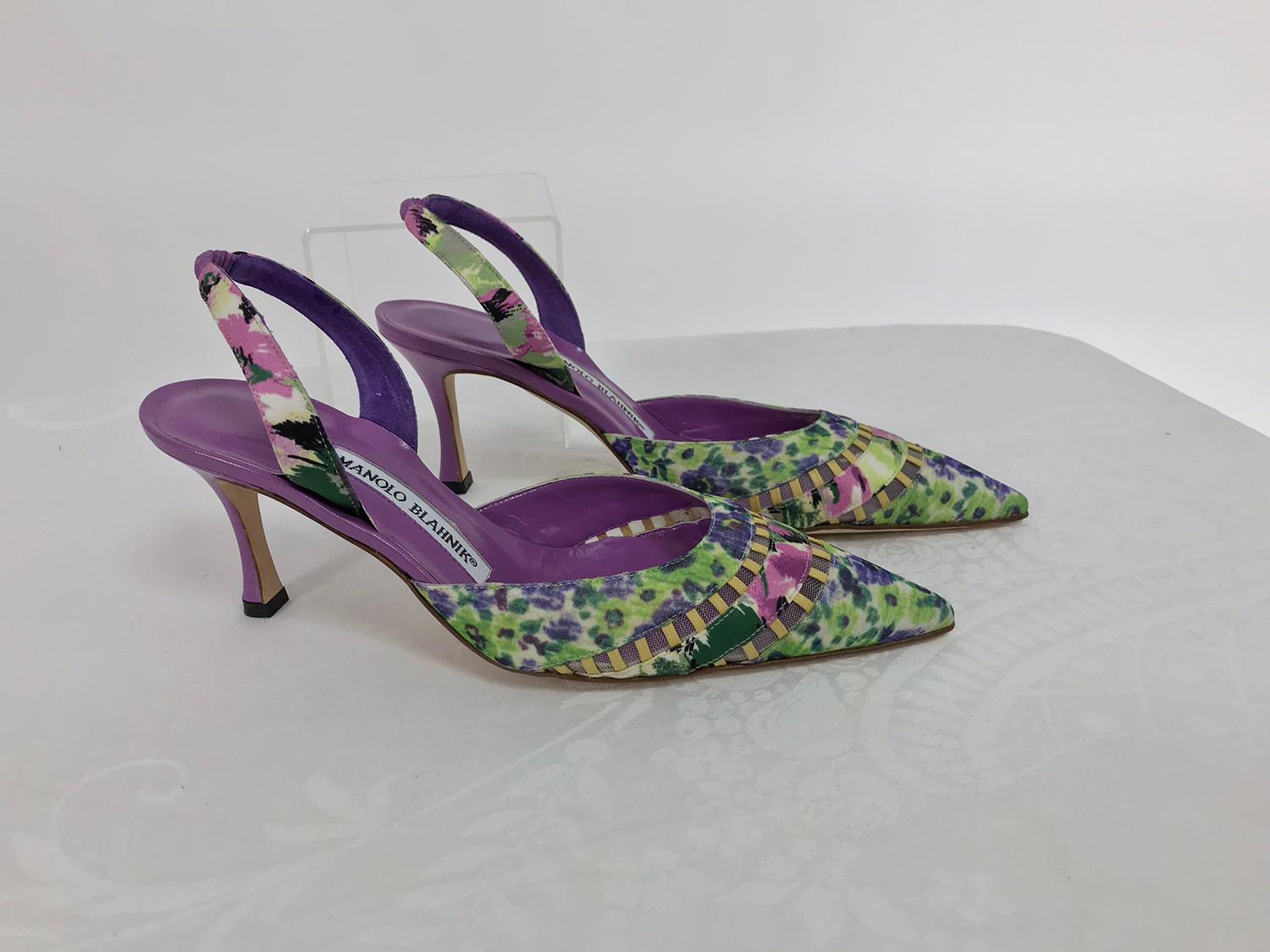 Manolo Blahnik Stigmatic floral silk purple leather sling back heels 36 1/2. Gorgeous water colour  floral shoe with bands of cream leather and mesh insets at the front, the lining, heels and strap are in lilac leather. New with box and protector