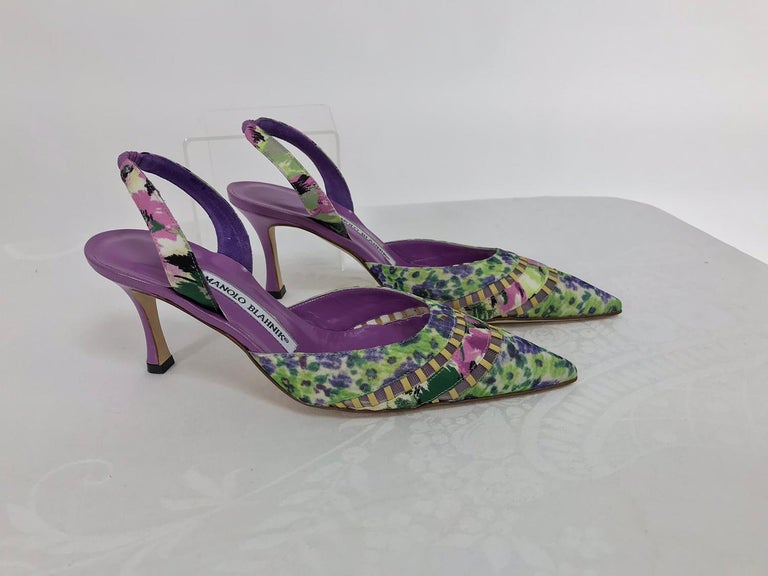 Manolo Blahnik Stigmatic floral silk Purple Leather Sling Back Heels 36 ...