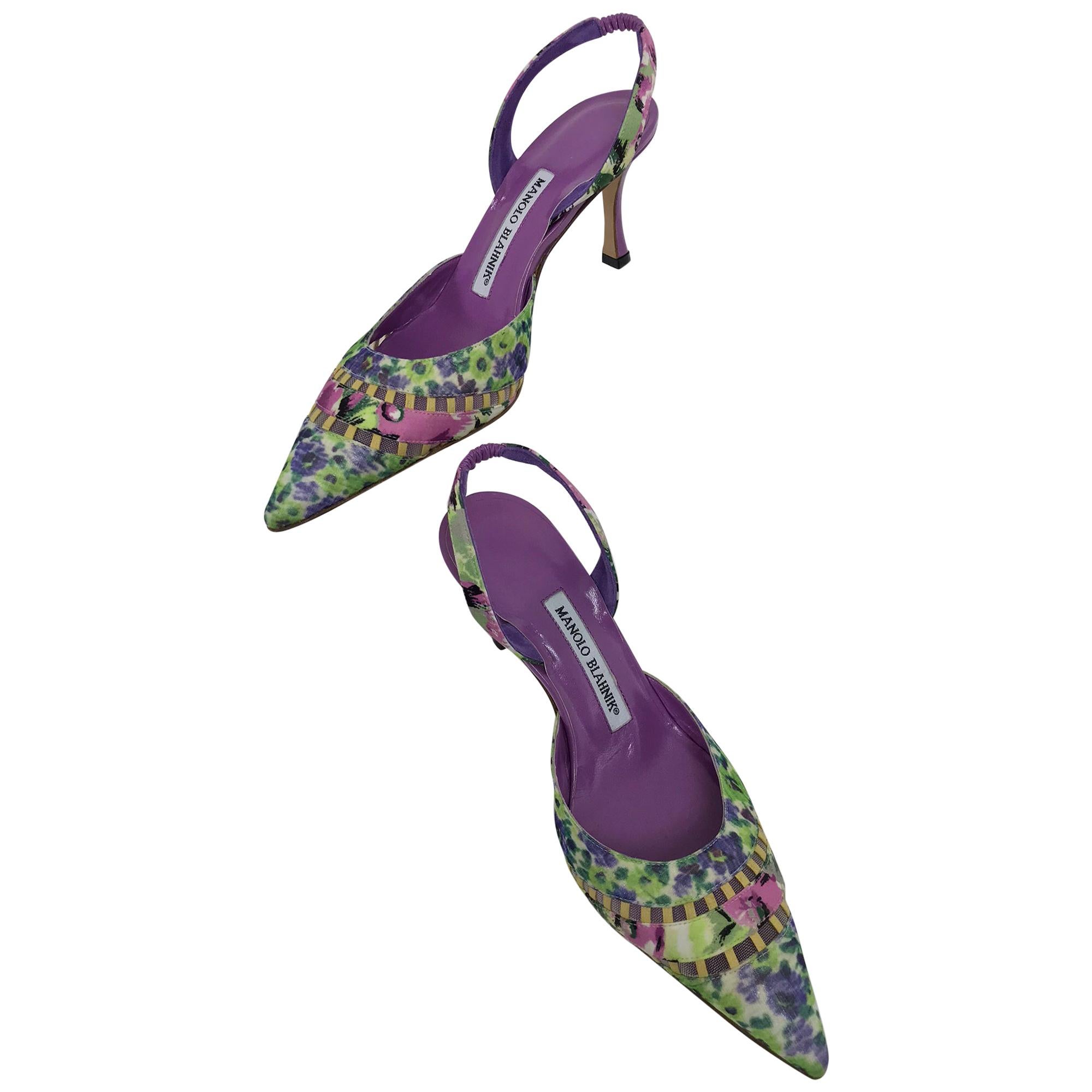 Manolo Blahnik Stigmatic floral silk Purple Leather Sling Back Heels 36 1/2 NWOT