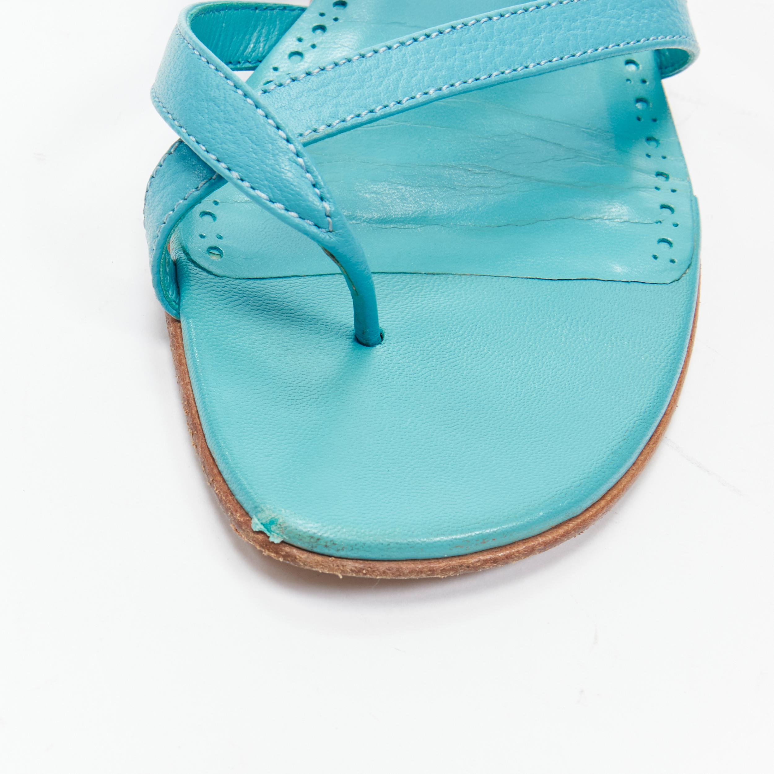 MANOLO BLAHNIK teal blue toe ring crisscross leather strappy sandals EU37.5 For Sale 6