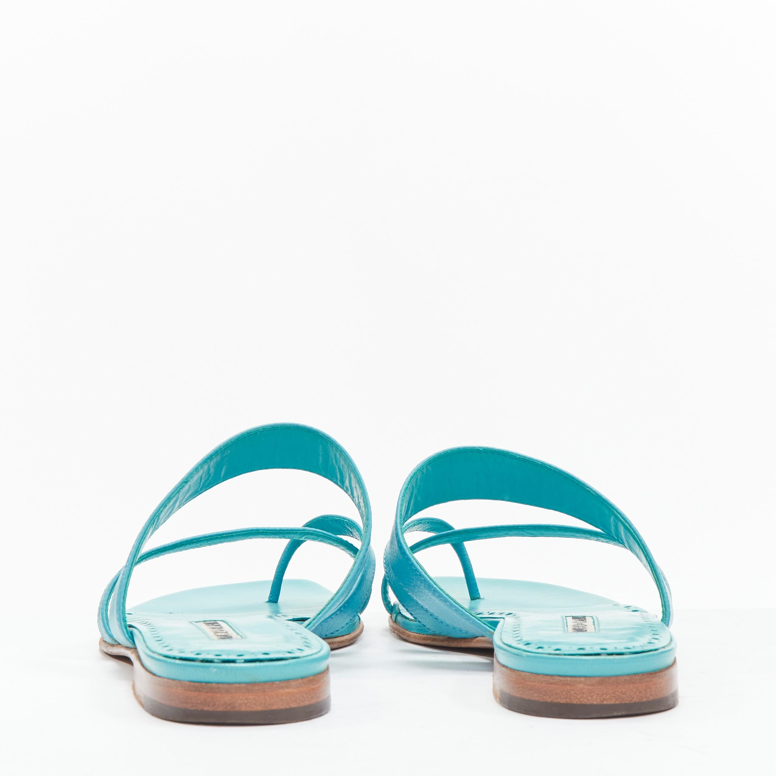 Women's MANOLO BLAHNIK teal blue toe ring crisscross leather strappy sandals EU37.5 For Sale