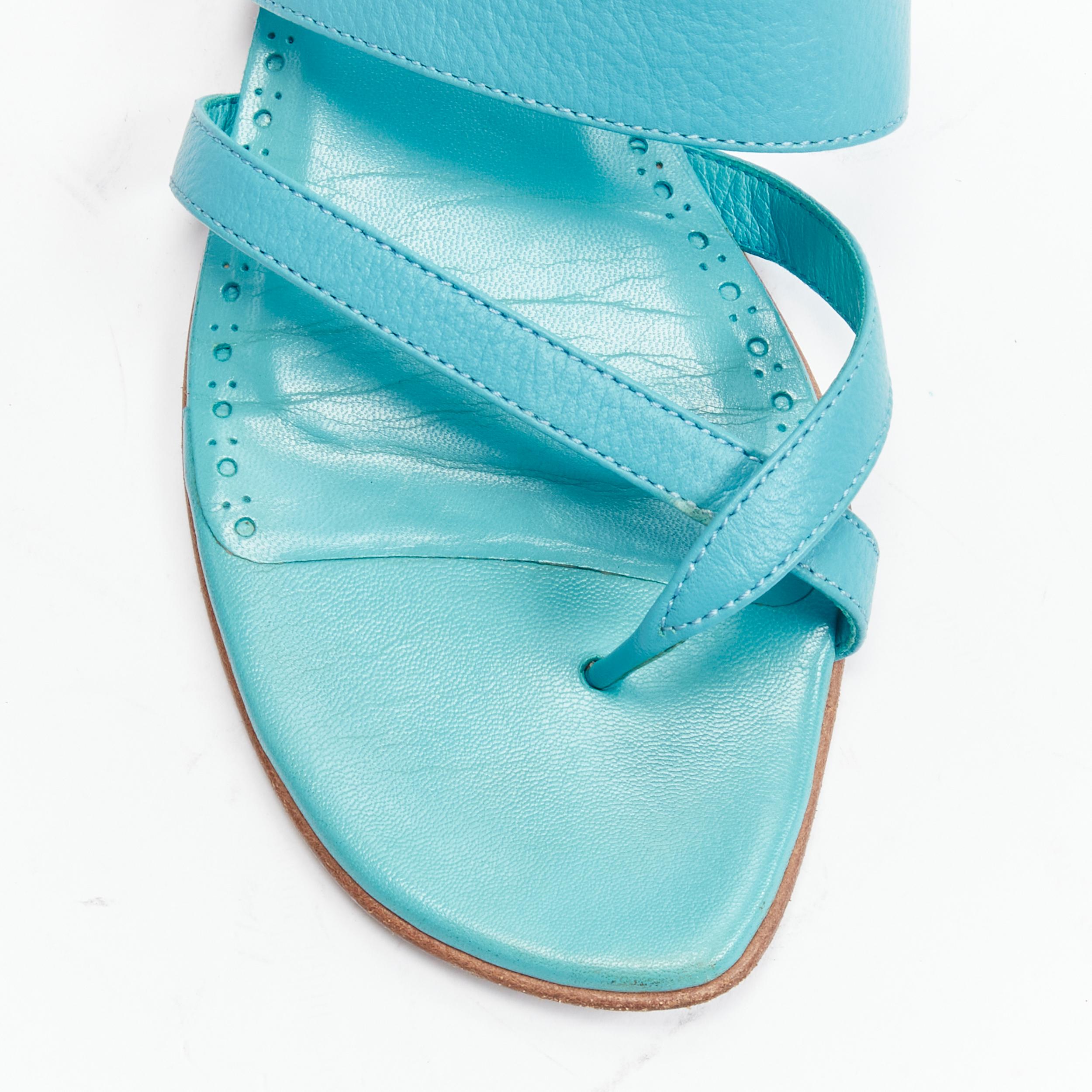 MANOLO BLAHNIK teal blue toe ring crisscross leather strappy sandals EU37.5 For Sale 2