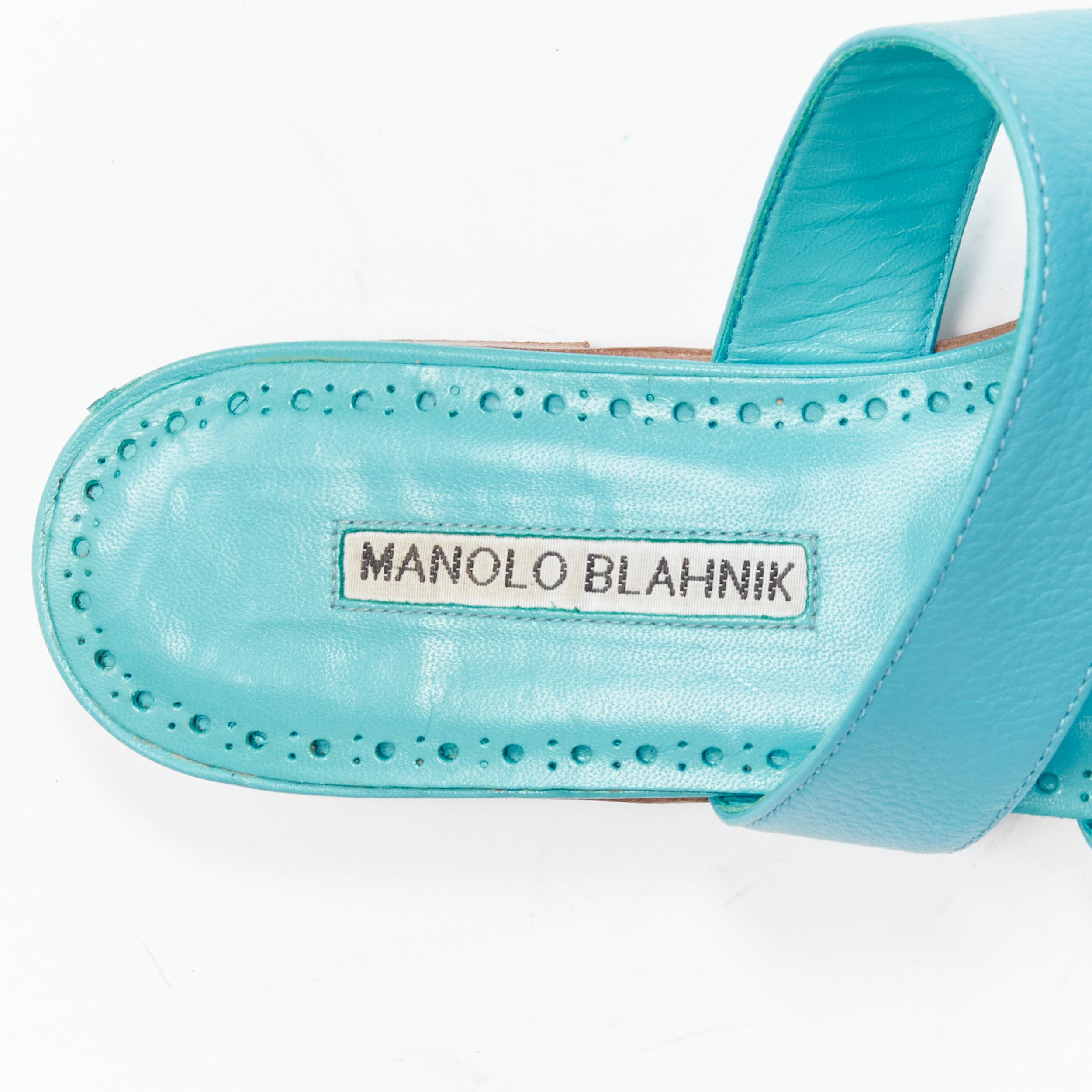 MANOLO BLAHNIK teal blue toe ring crisscross leather strappy sandals EU37.5 For Sale 3