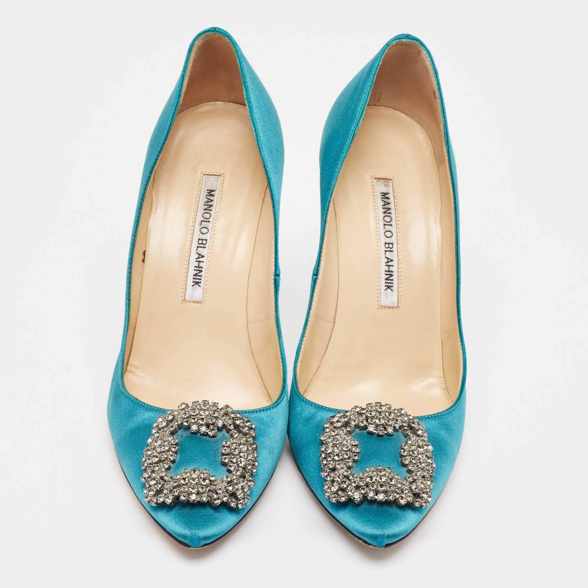 Blue Manolo Blahnik Teal Satin Hangisi Pumps Size 37.5