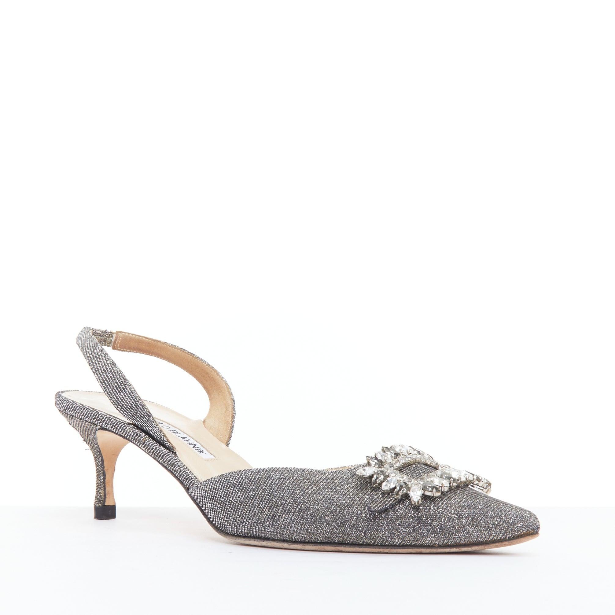 Silver MANOLO BLAHNIK Tonoslac metallic silver fabric crystsal buckle sling heels EU39 For Sale