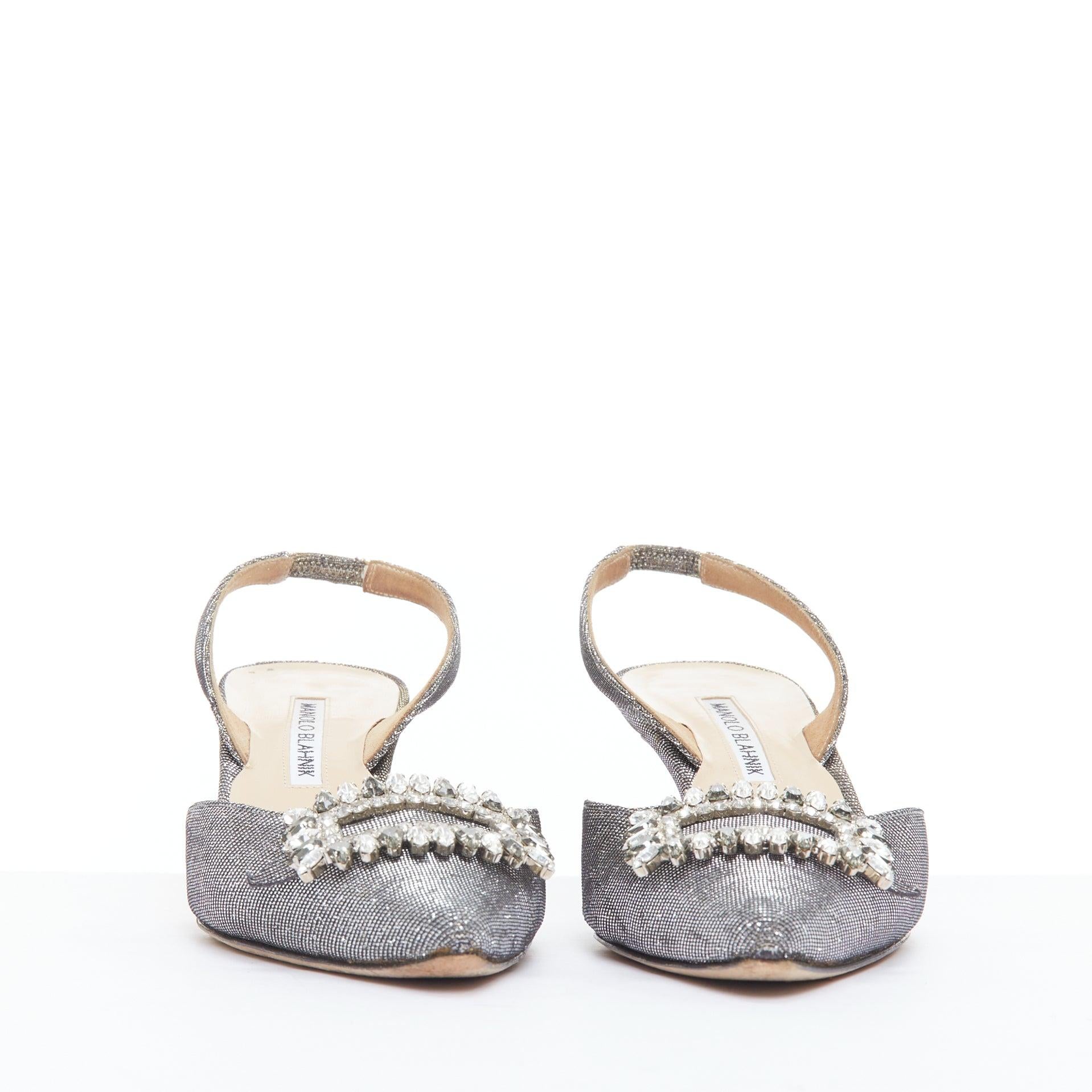 MANOLO BLAHNIK Tonoslac metallic silver fabric crystsal buckle sling heels EU39 In Good Condition For Sale In Hong Kong, NT