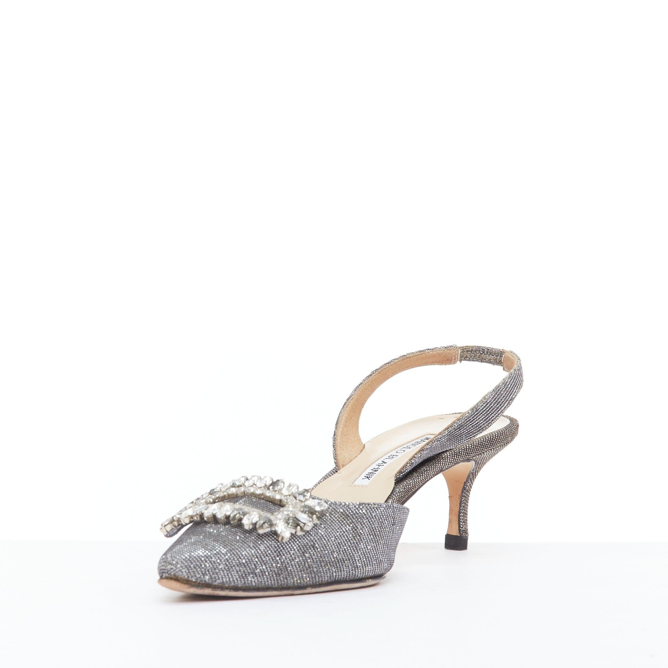 Women's MANOLO BLAHNIK Tonoslac metallic silver fabric crystsal buckle sling heels EU39 For Sale