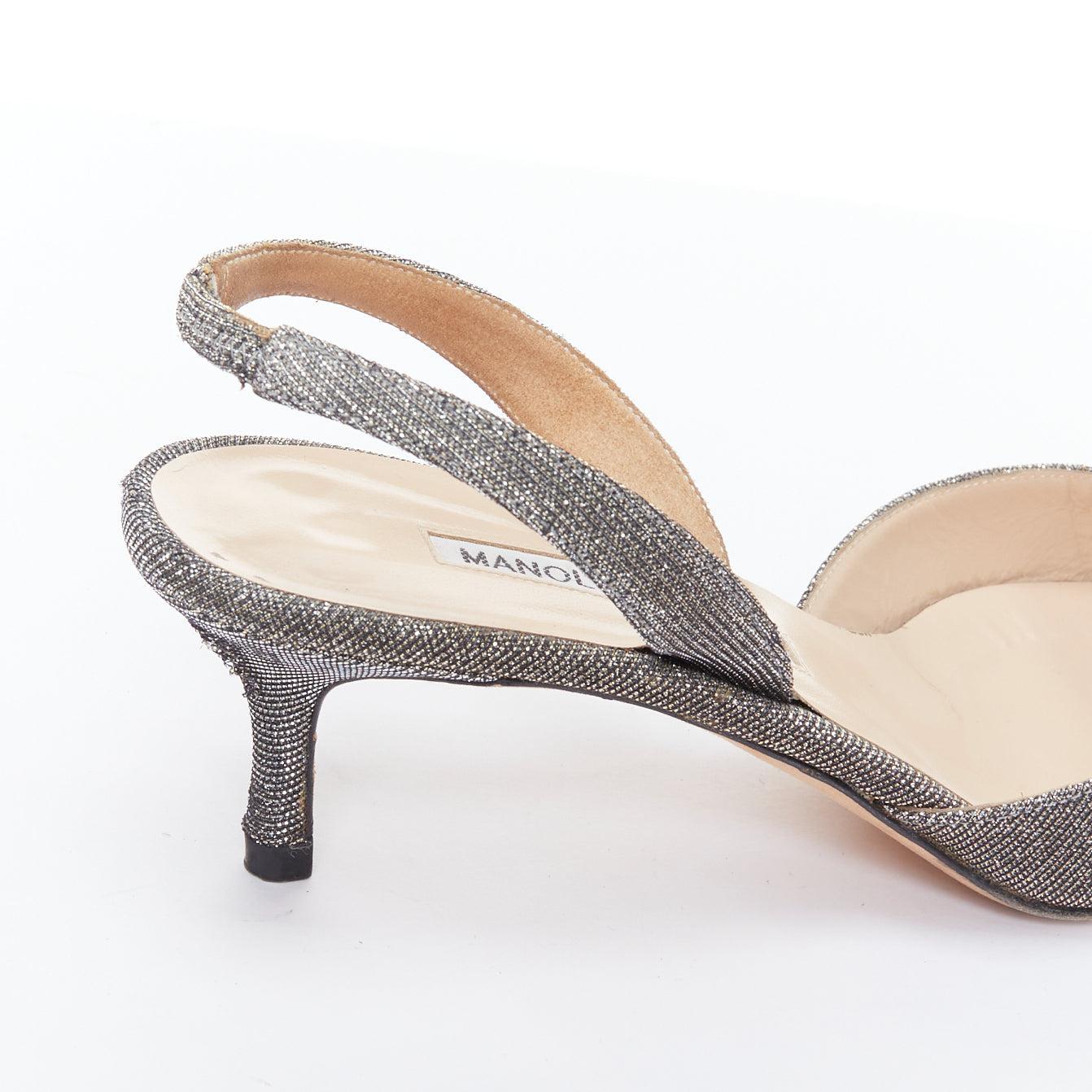 MANOLO BLAHNIK Tonoslac metallic silver fabric crystsal buckle sling heels EU39 For Sale 3