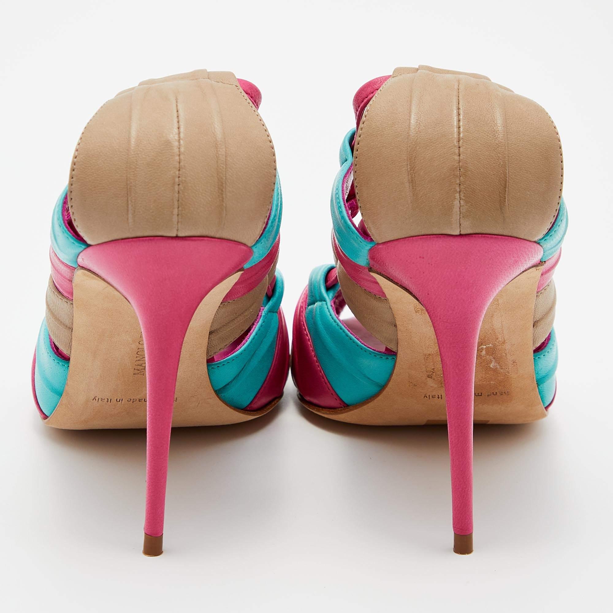 Pink Manolo Blahnik Tri Color Leather Natuk Peep Toe Sandals Size 38.5