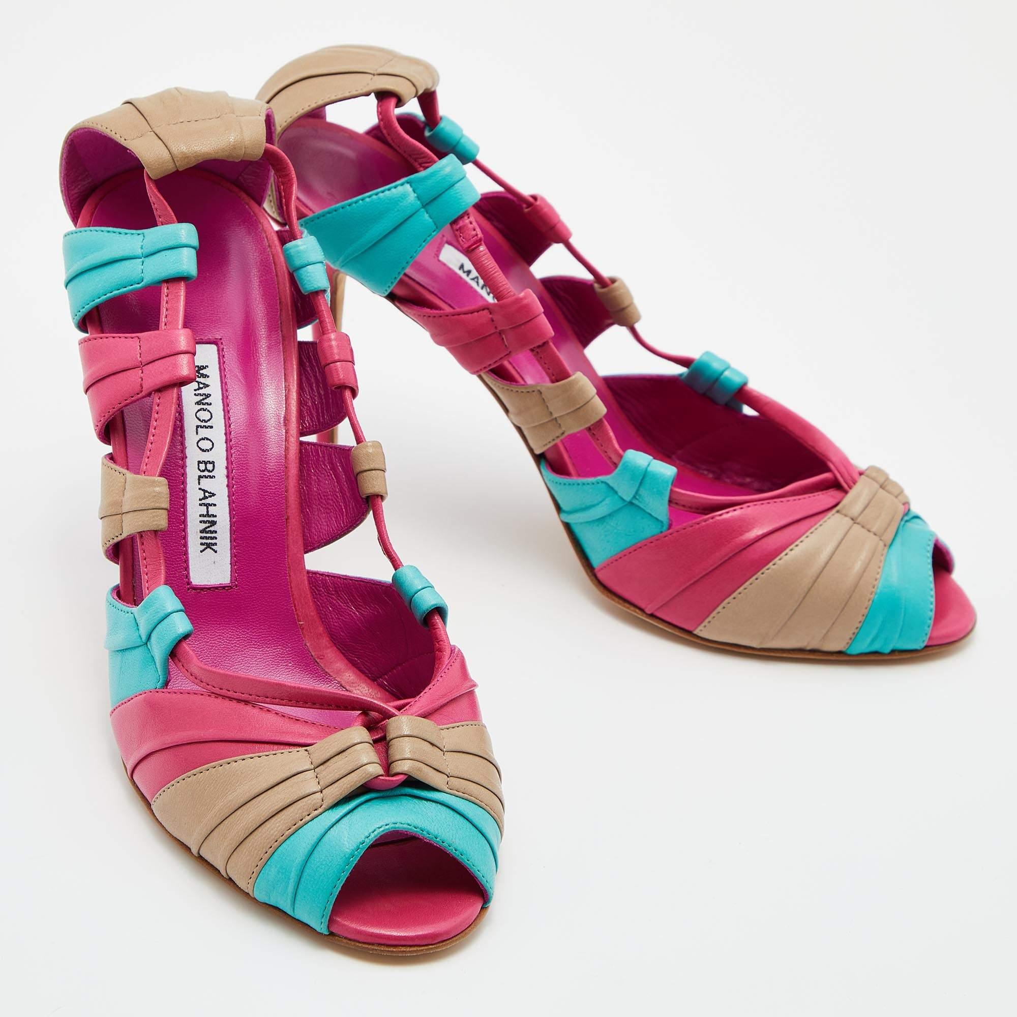 Women's Manolo Blahnik Tri Color Leather Natuk Peep Toe Sandals Size 38.5