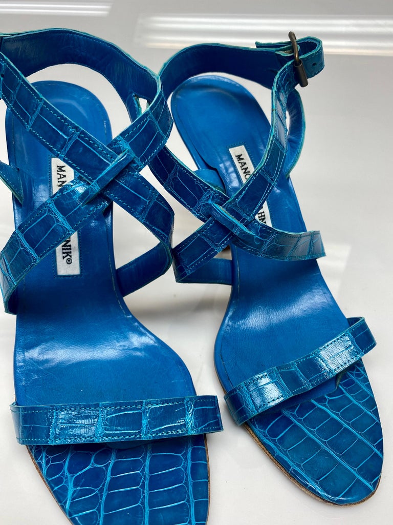 Manolo Blahnik Turquoise Crocodile Strappy Sandals - Size 39.5 For Sale ...