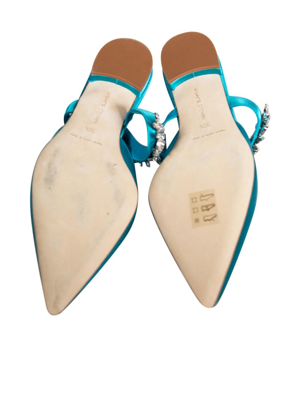 Women's Manolo Blahnik Turquoise Embellished Lurum Mules Size IT 36.5 For Sale