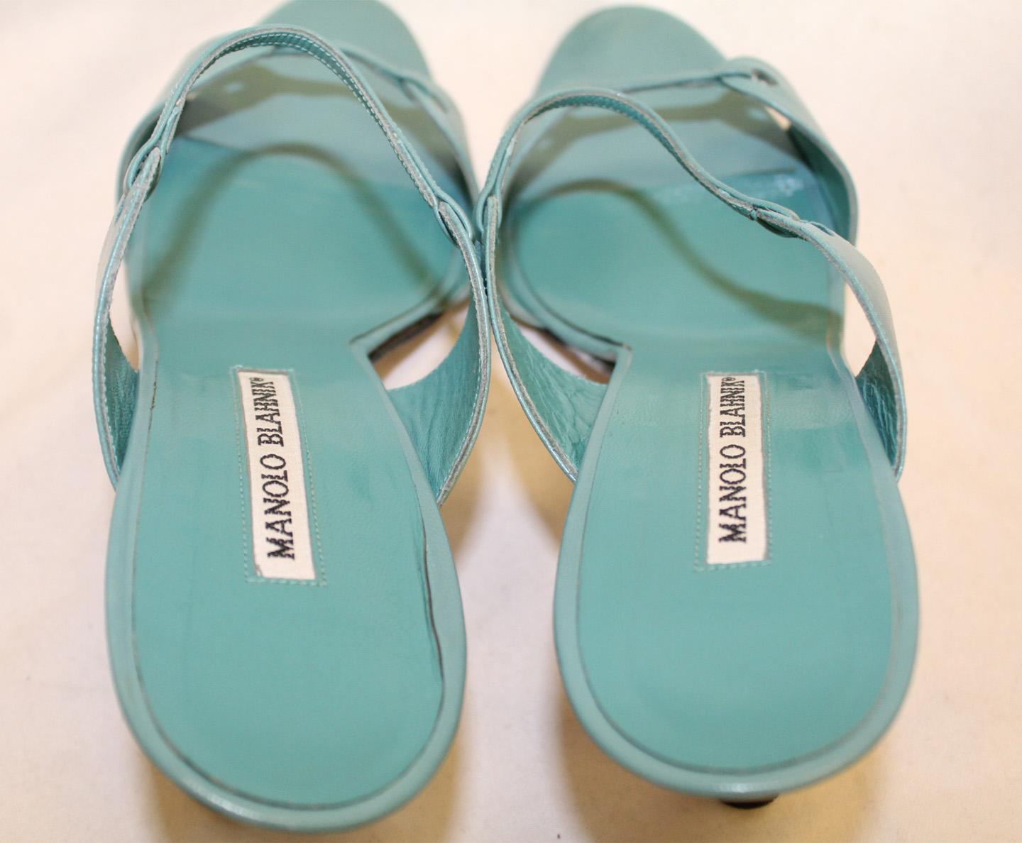 Manolo Blahnik Turquoise Leather Slip On Shoes For Sale 1