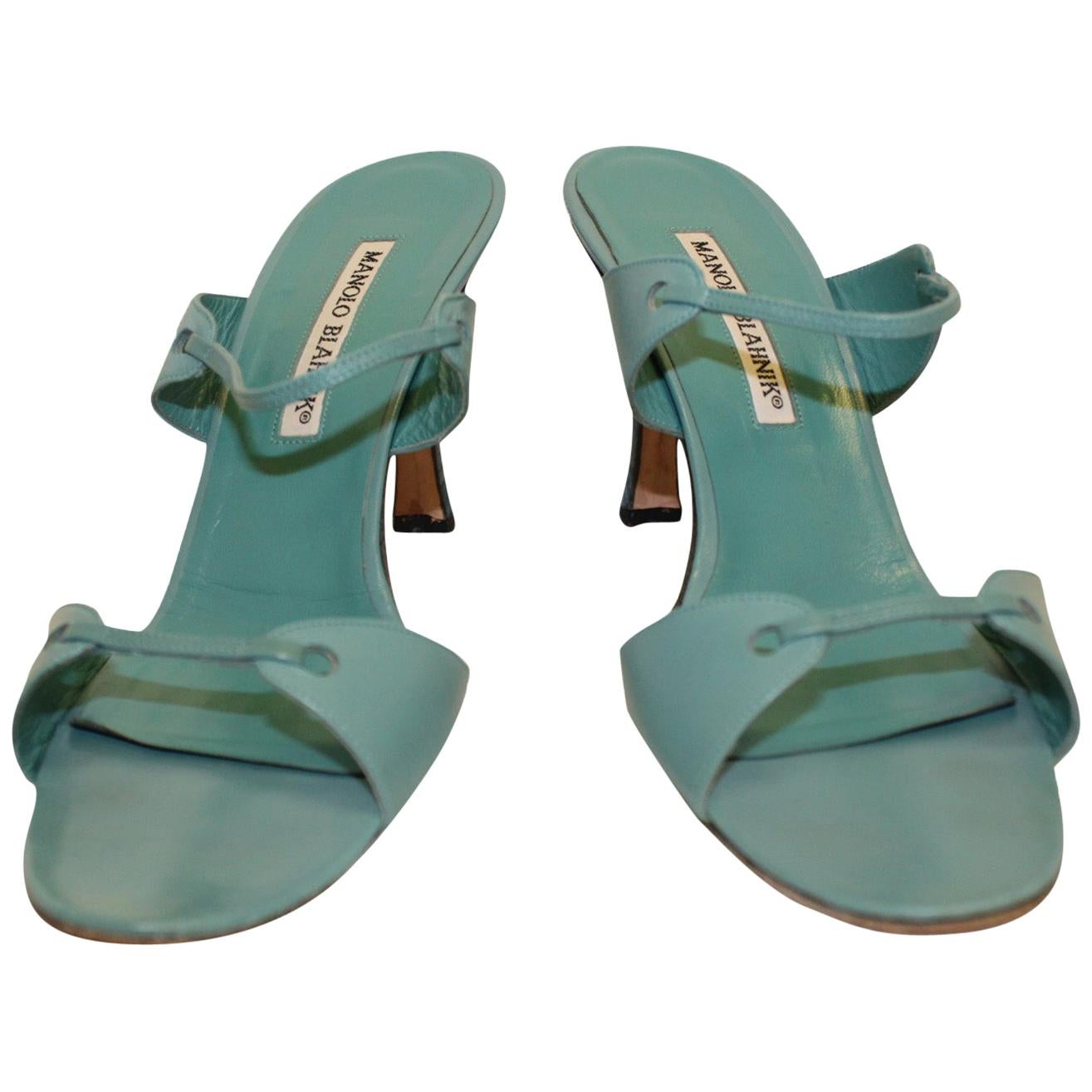 Manolo Blahnik Turquoise Leather Slip On Shoes For Sale