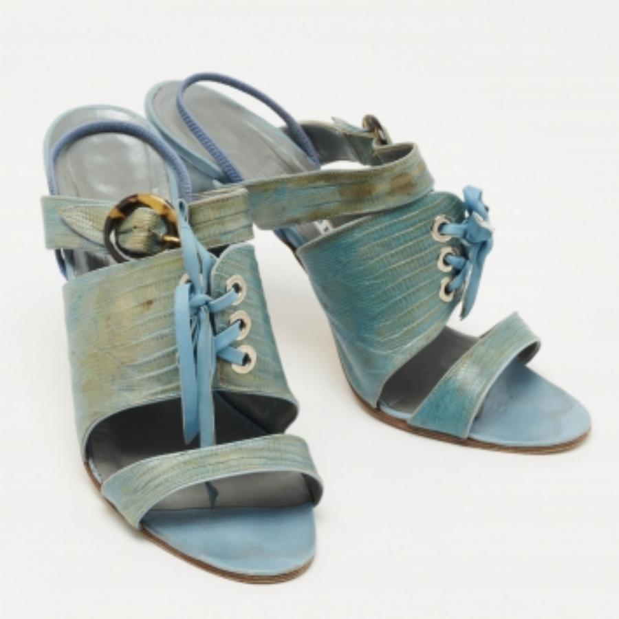 Manolo Blahnik Türkisfarbenes Eidechsenleder Slingback Sandalen Größe 40 im Angebot 1