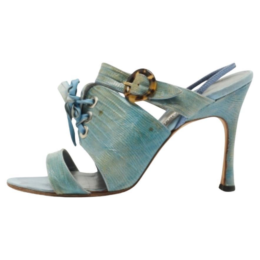 Manolo Blahnik Türkisfarbenes Eidechsenleder Slingback Sandalen Größe 40