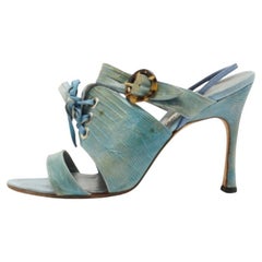 Manolo Blahnik Türkisfarbenes Eidechsenleder Slingback Sandalen Größe 40