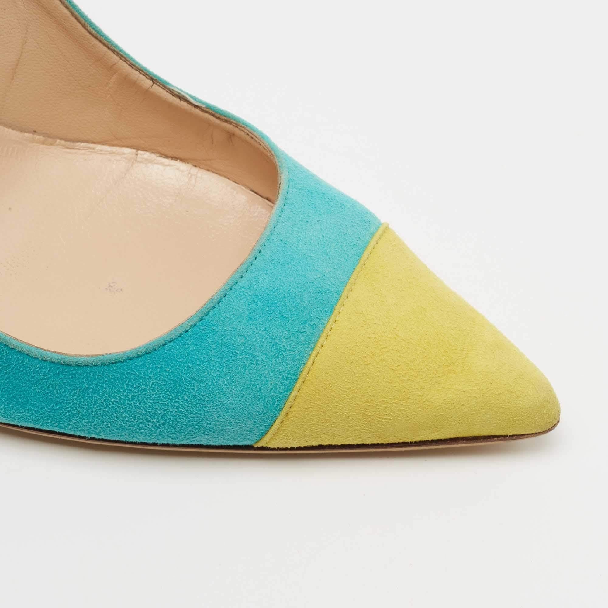 Manolo Blahnik Turquoise/Yellow Suede Bipunta Pumps Size 37.5 For Sale 1