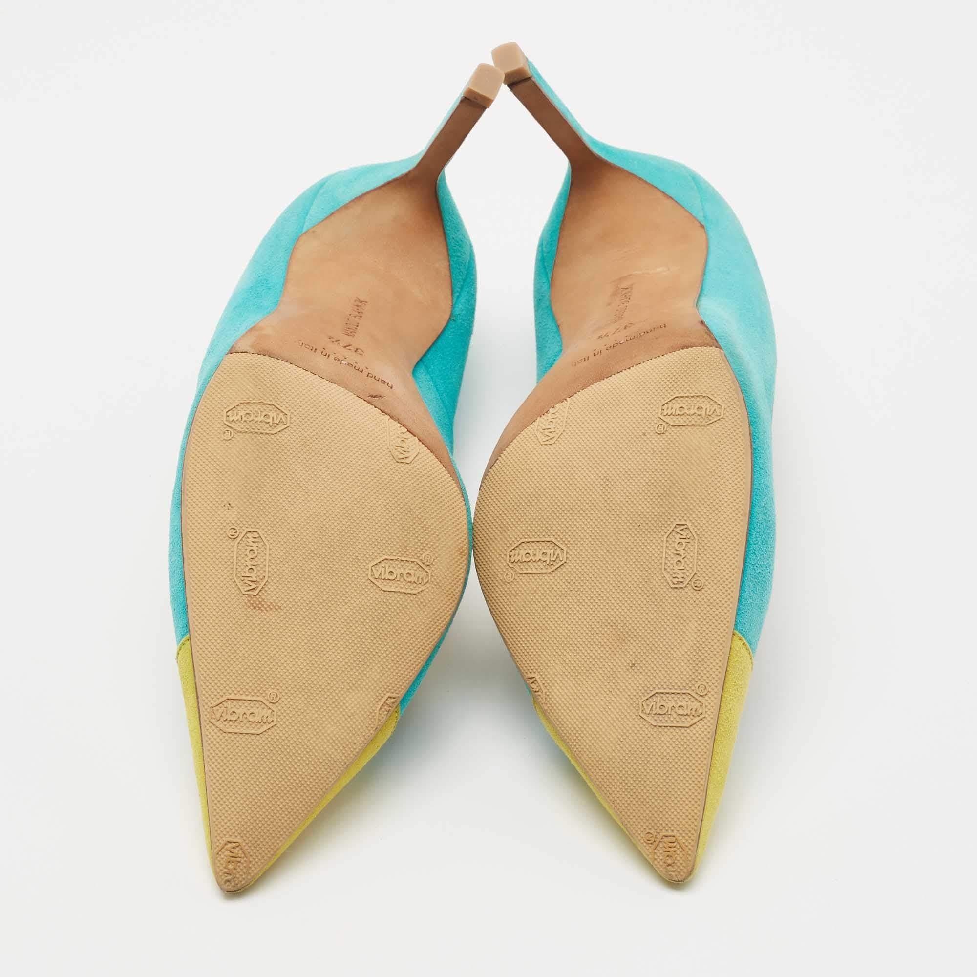 Manolo Blahnik Turquoise/Yellow Suede Bipunta Pumps Size 37.5 For Sale 3