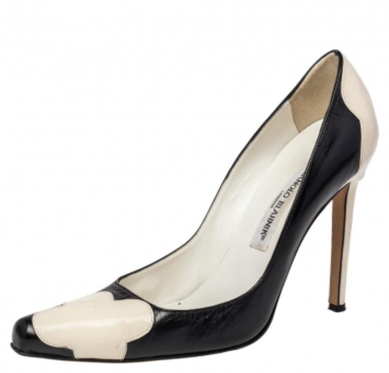 Manolo Blahnik Bombas Adra de cuero y charol bicolor Talla 37.5 en venta 1