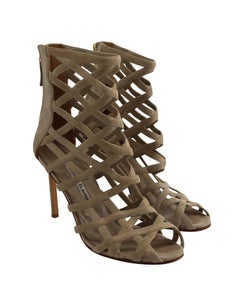 Manolo Blahnik Vagibu Cage Ankle High Heel Sandals in Khaki Suede