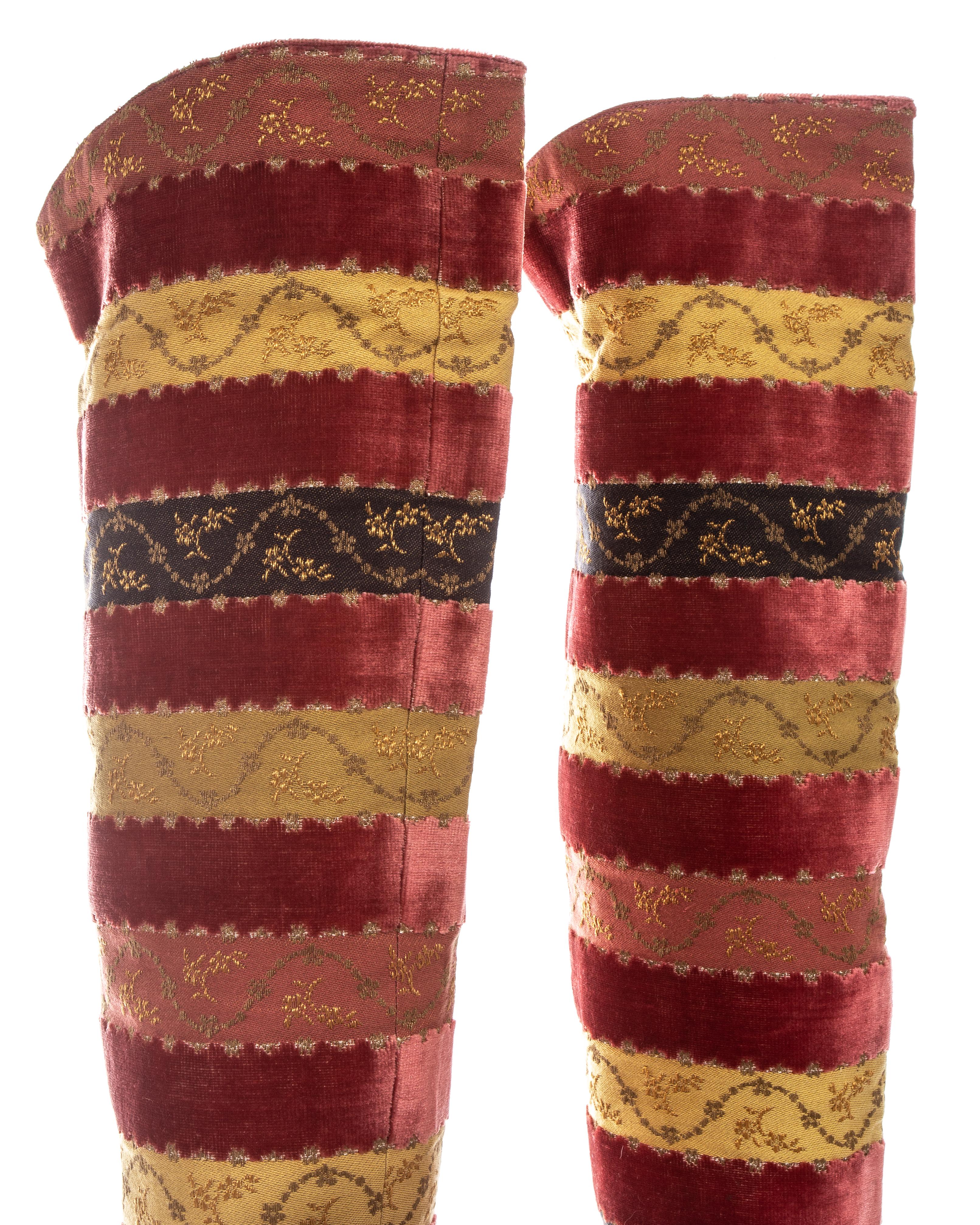 Brown Manolo Blahnik velvet and embroidered ribbon knee high 'Bona' boots, fw 1993