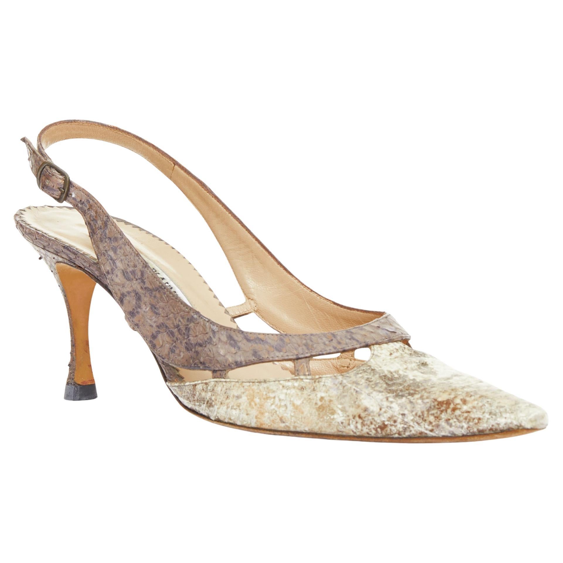 MANOLO BLAHNIK Vintage bicolor scaled leather pointy slingback kitten pumps EU39
