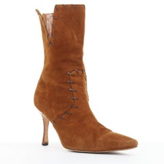 MANOLO BLAHNIK Vintage brown suede overstitch detail heeled ankle boots EU39.5