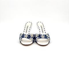 Manolo Blahnik Vintage Denim Floral Embroidered Peep Toe Mules Sandals 37.5
