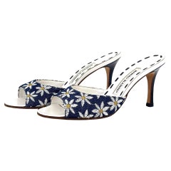 Manolo Blahnik Vintage Denim Floral Embroidered Peep Toe Mules Sandals 37.5