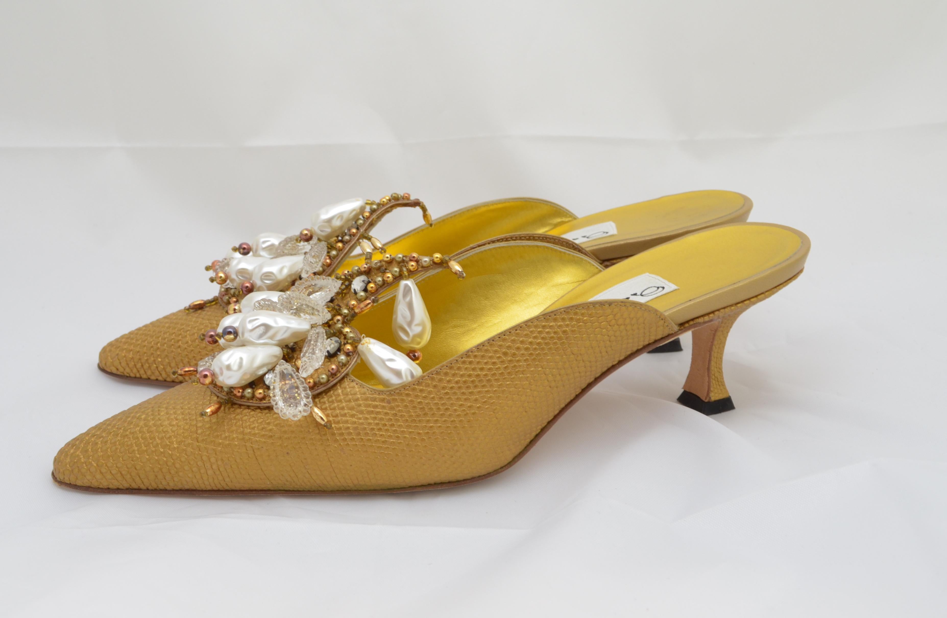 Manolo Blahnik Vintage Gold Pearl Bead Embellished Mules In Good Condition In Carmel, CA