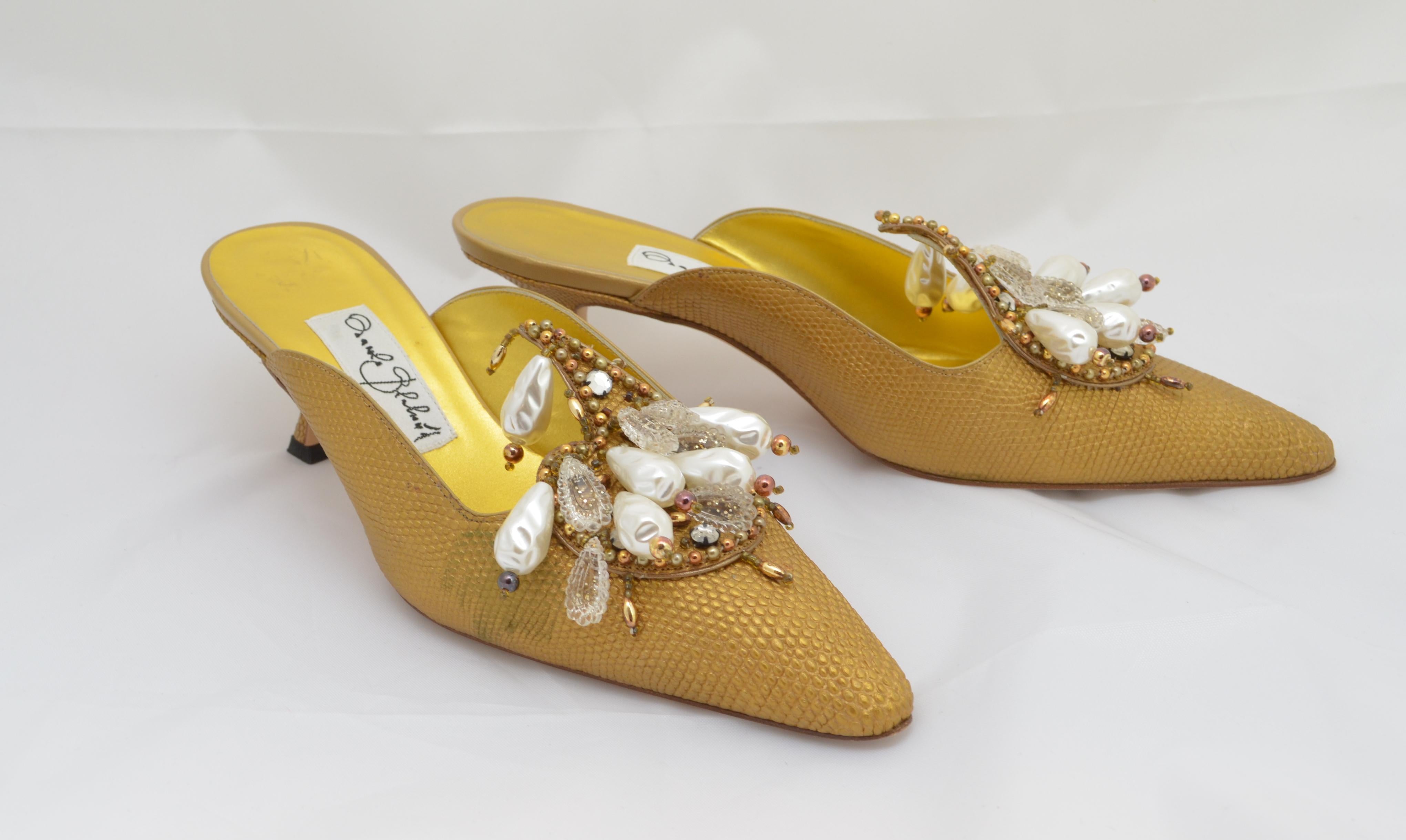 Women's Manolo Blahnik Vintage Gold Pearl Bead Embellished Mules