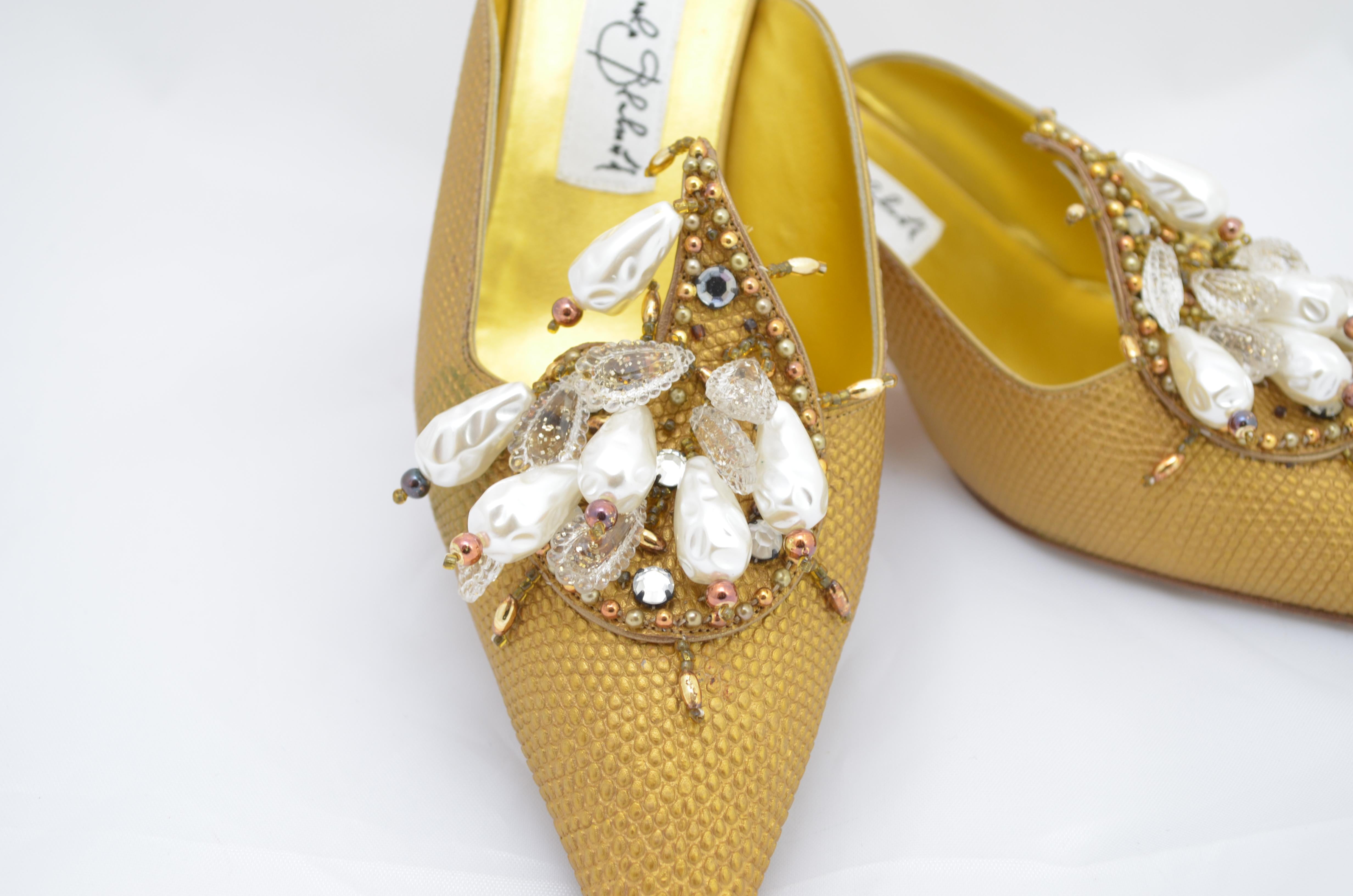 Manolo Blahnik Vintage Gold Pearl Bead Embellished Mules 1