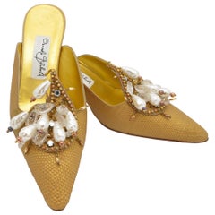 Manolo Blahnik Retro Gold Pearl Bead Embellished Mules