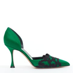 MANOLO BLAHNIK Vintage green satin black lace overlay spool dorsay pump EU35