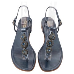 MANOLO BLAHNIK Vintage metallic leather jewel embellished tstrap flat sandals