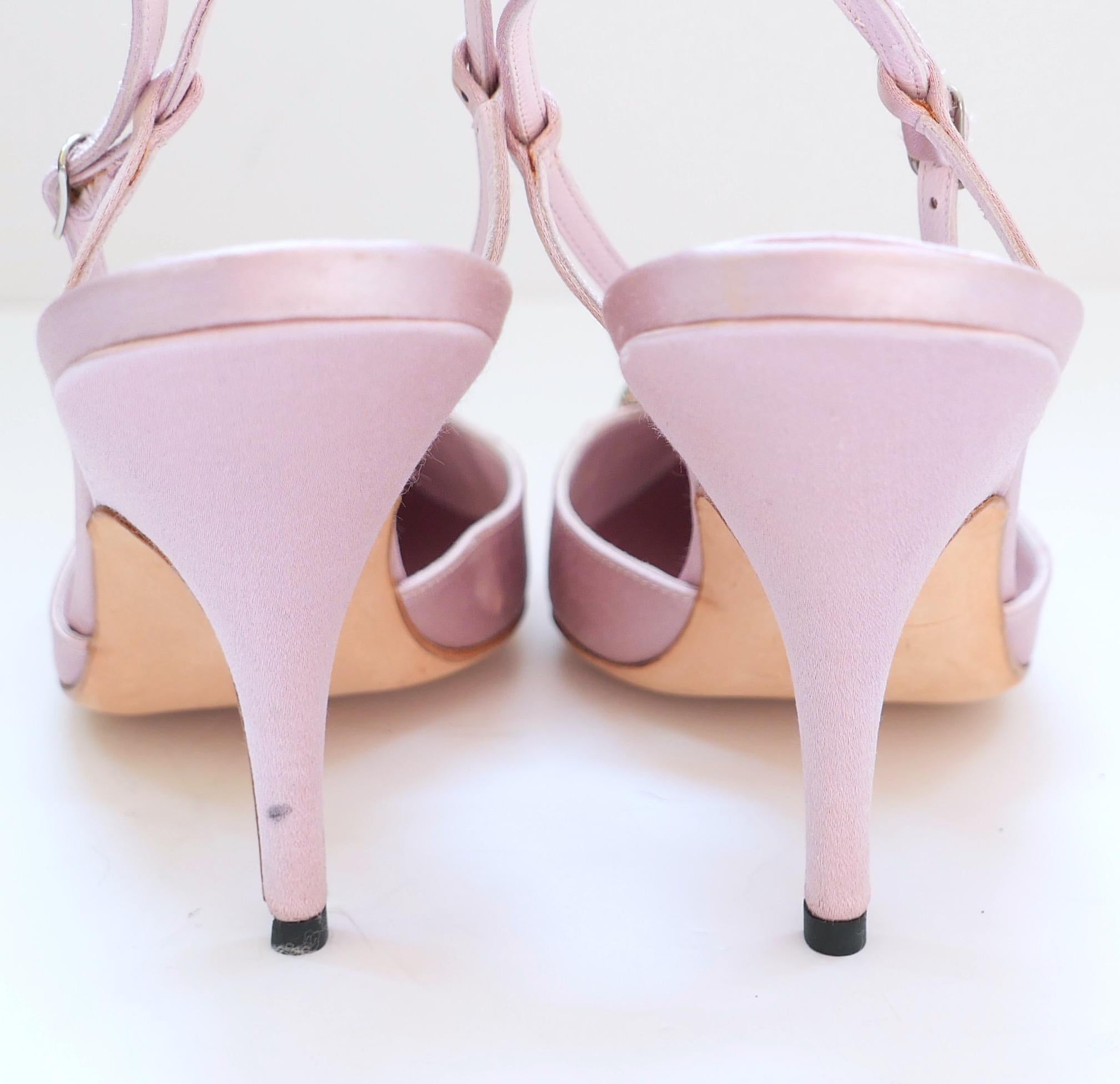 Manolo Blahnik Vintage Pink Silk Crystal Trimmed Heels In Good Condition In London, GB