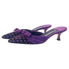 Manolo Blahnik Vintage Polka Dot Bow Pointed Toe Kitten Heel Mules 38.5