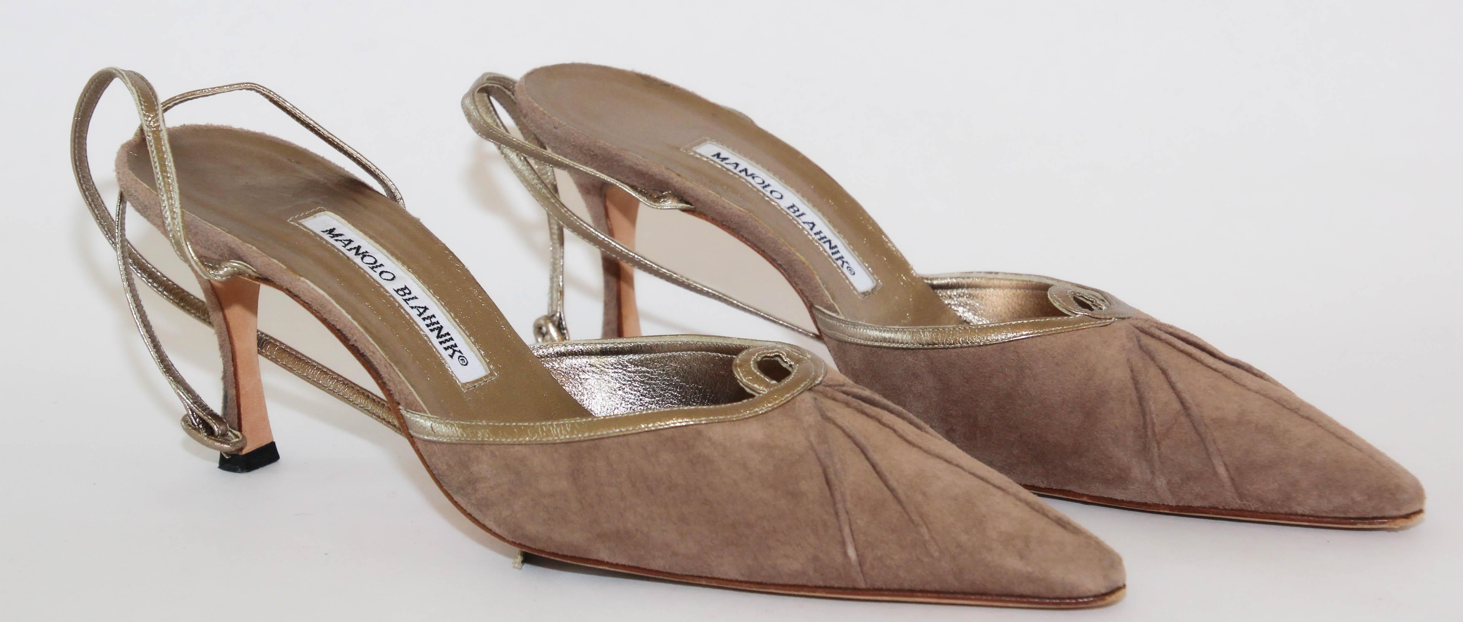 Manolo Blahnik vintage suede shoes with leather ankle straps.
These vintage Manolo Blahnik brownish taupe suede shoes with leather ankle straps at the back of the heels. 
These Manolo Blahnik sling back ankle strap pumps exudes an undeniably