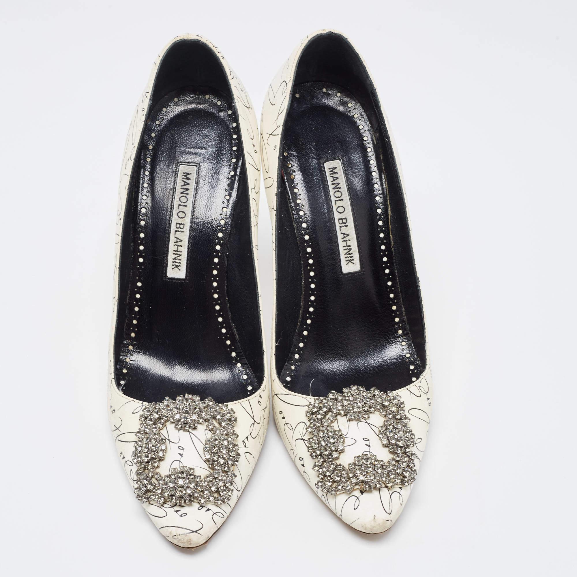Women's Manolo Blahnik White/Black Leather Crystal Embellished Pointed Toe Pumps