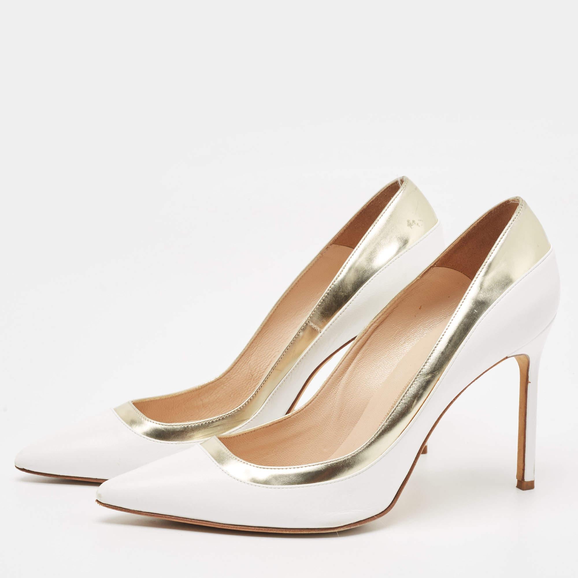 Manolo Blahnik White/Gold Leather Pointed Toe Pumps Size 40 2