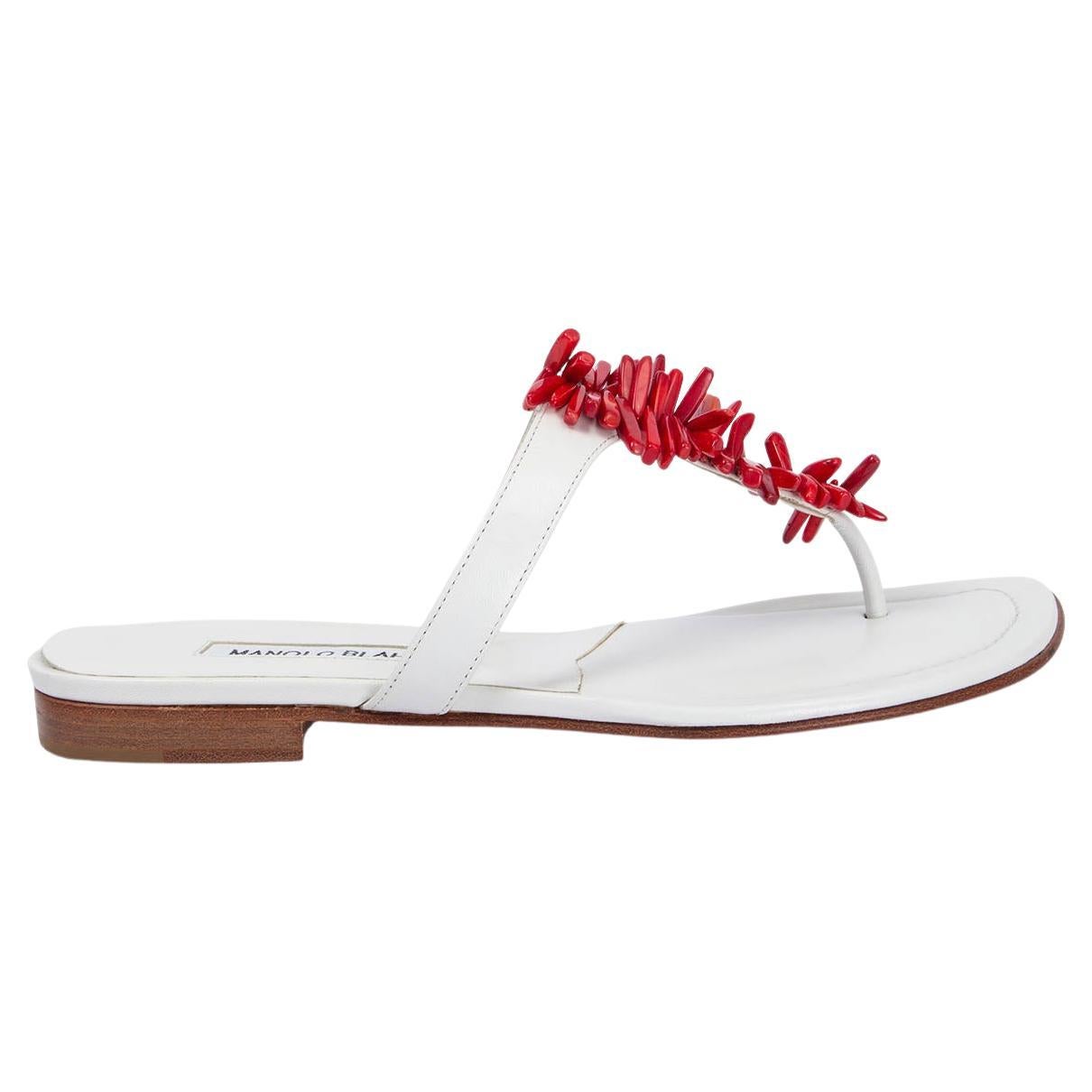 MANOLO BLAHNIK white leather CORAL BEADED Flat Thong Sandals Shoes 36.5