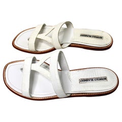 Manolo Blahnik White Leather Croc Embossed Flat Thong Sandals