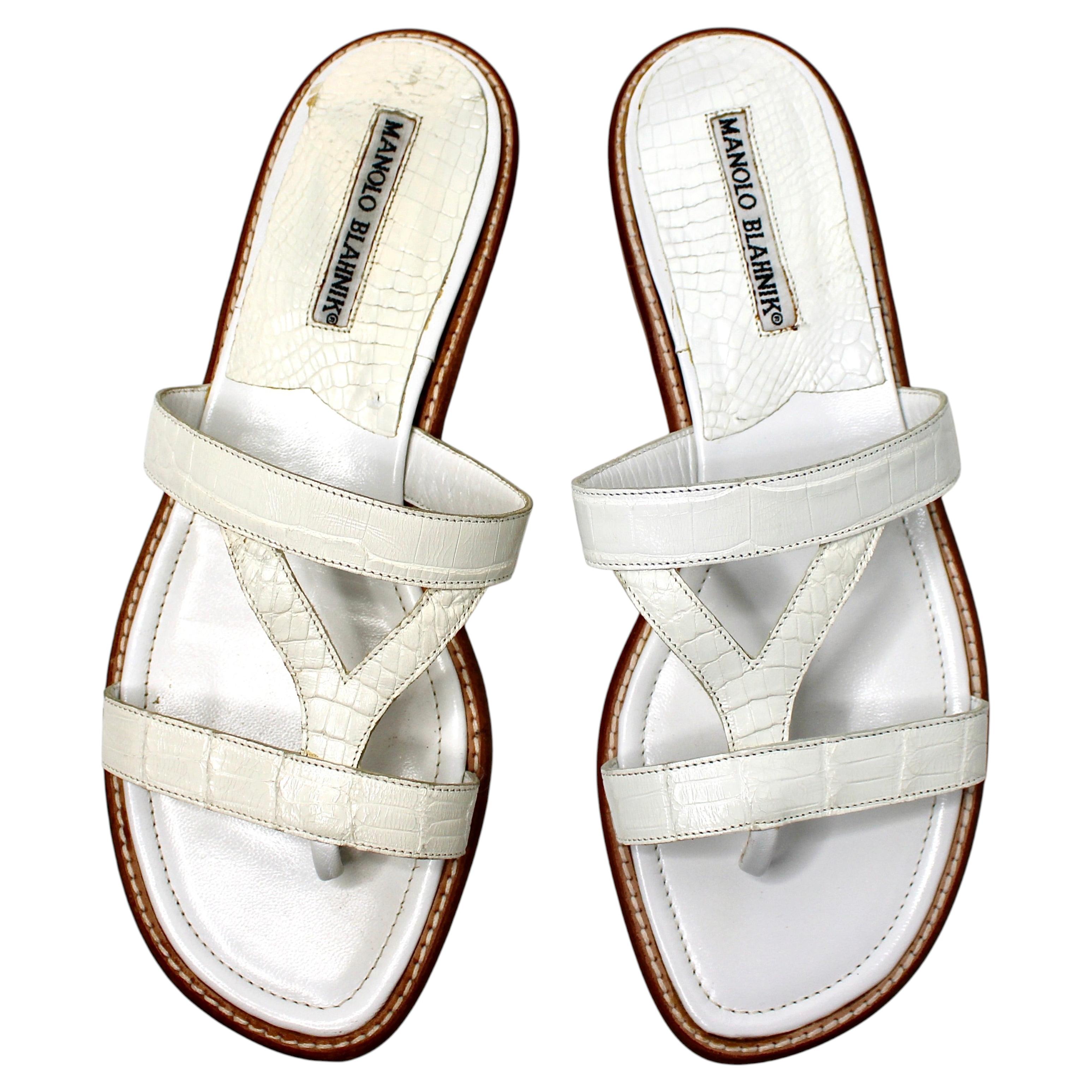 Manolo Blahnik White Leather Croc Embossed Flat Thong Sandals For Sale