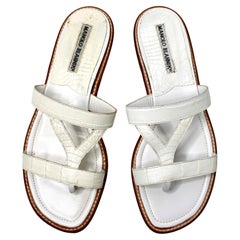 Manolo Blahnik White Leather Croc Embossed Flat Thong Sandals