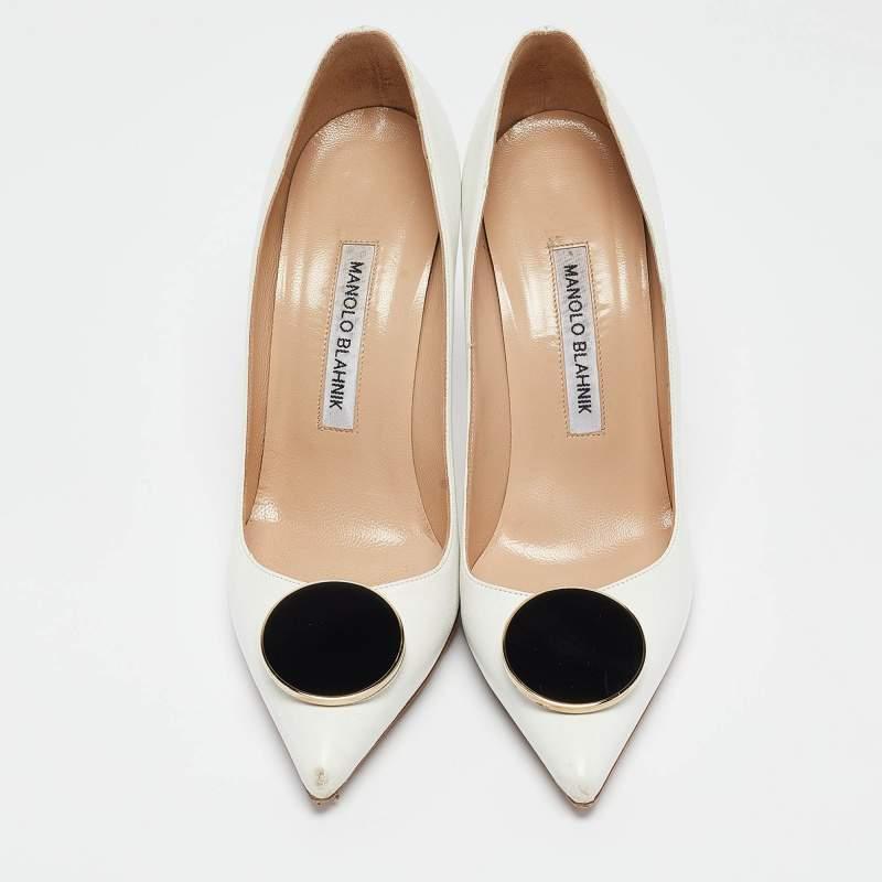 Gray Manolo Blahnik White Leather Embellished Pointed Toe Pumps Size 37.5